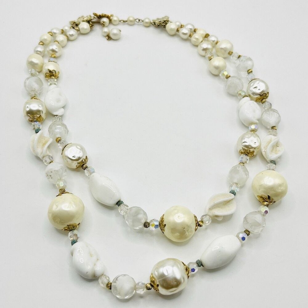 Vintage Signed Vendome Double Strand Glass And Faux Pearl Necklace 18”, 20”